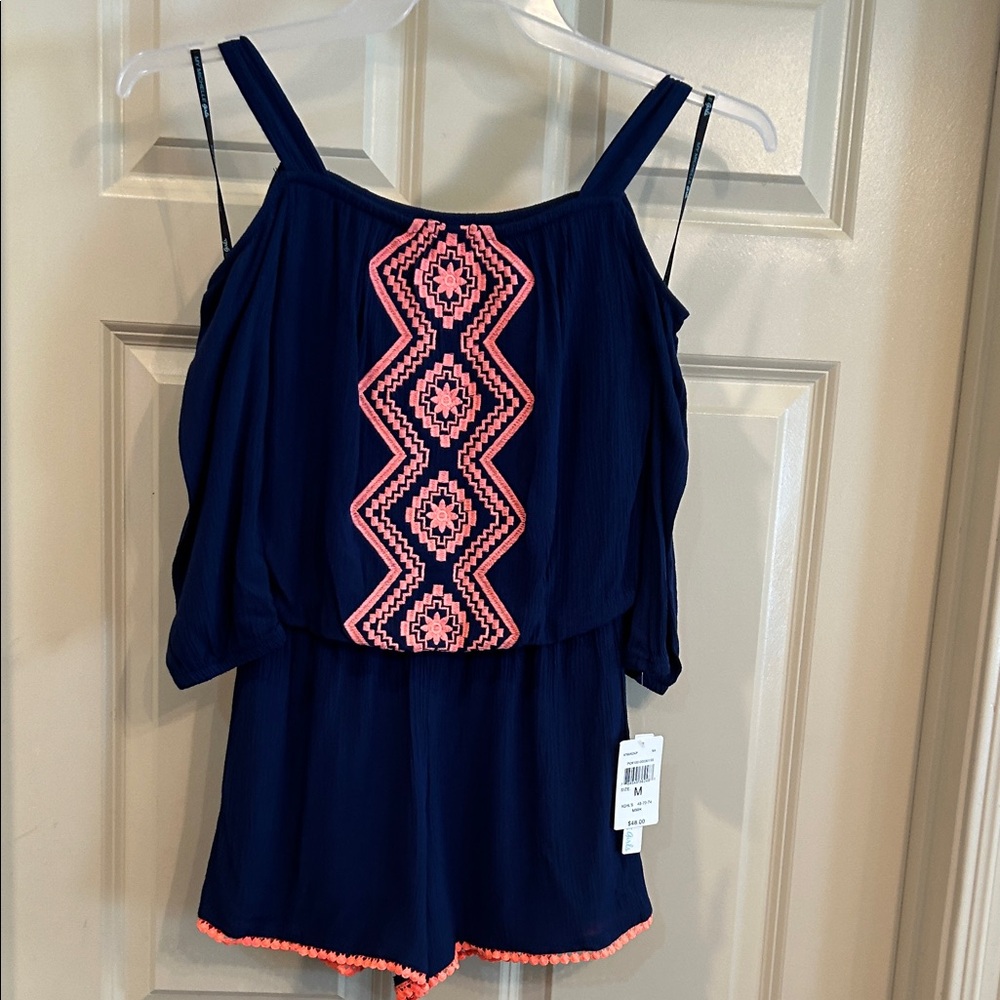 My Michelle Navy Romper with Pink Embroidered Front